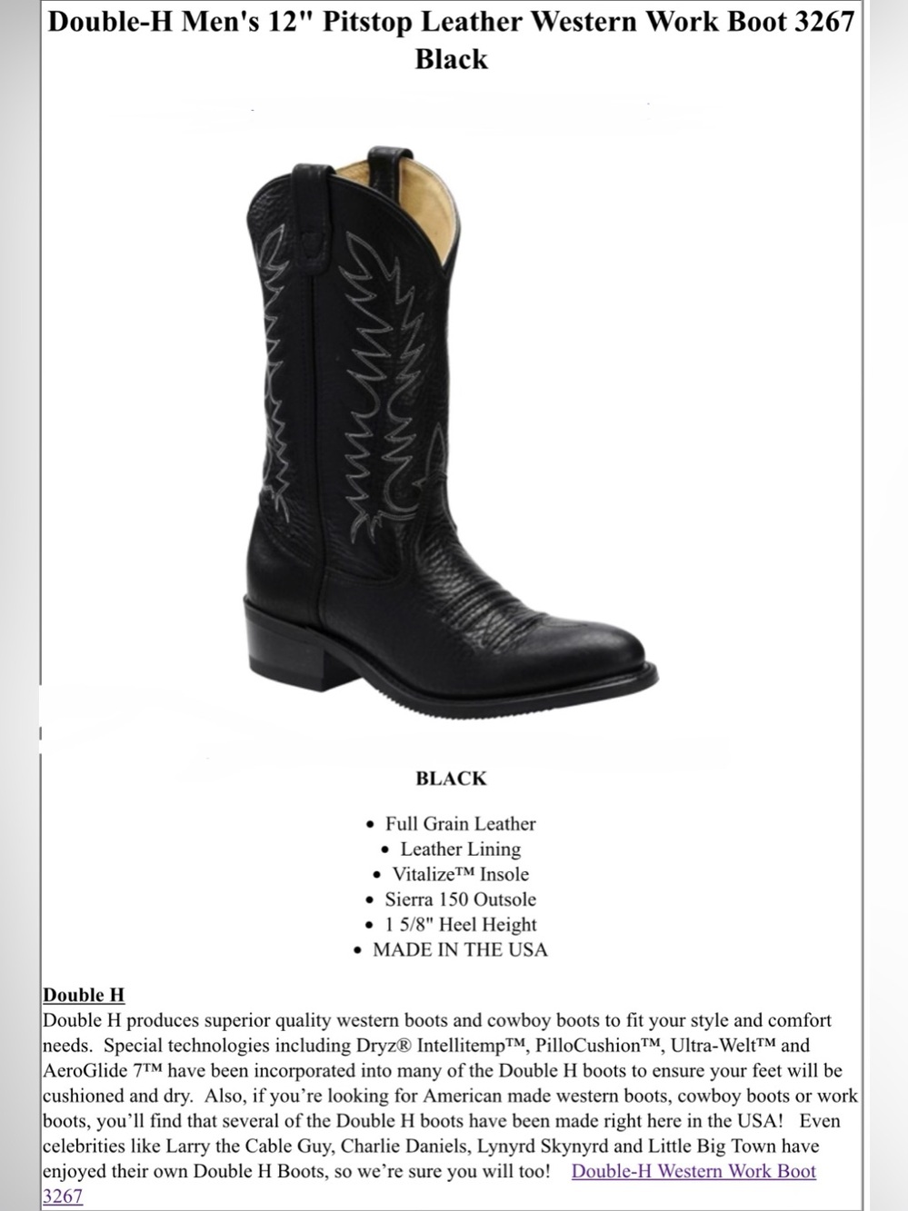 Double H Men's Black Full-Grain Leather Western Work Boot- size 10 D